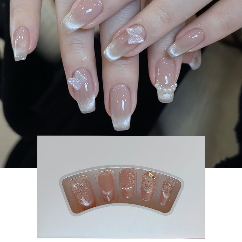 S.A.V.I 24Pc Cat Eye Square Fake Nails - 3D Butterfly Pearl, Medium Press-On Manicure Set