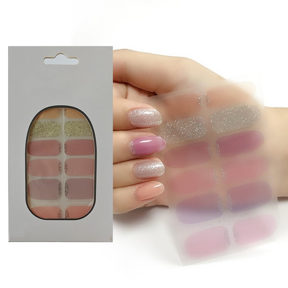 S.A.V.I 12pcs Glitter Gel Nail Stickers, Self-Adhesive, Pink Purple, Easy to Apply, Long-Lasting Manicure