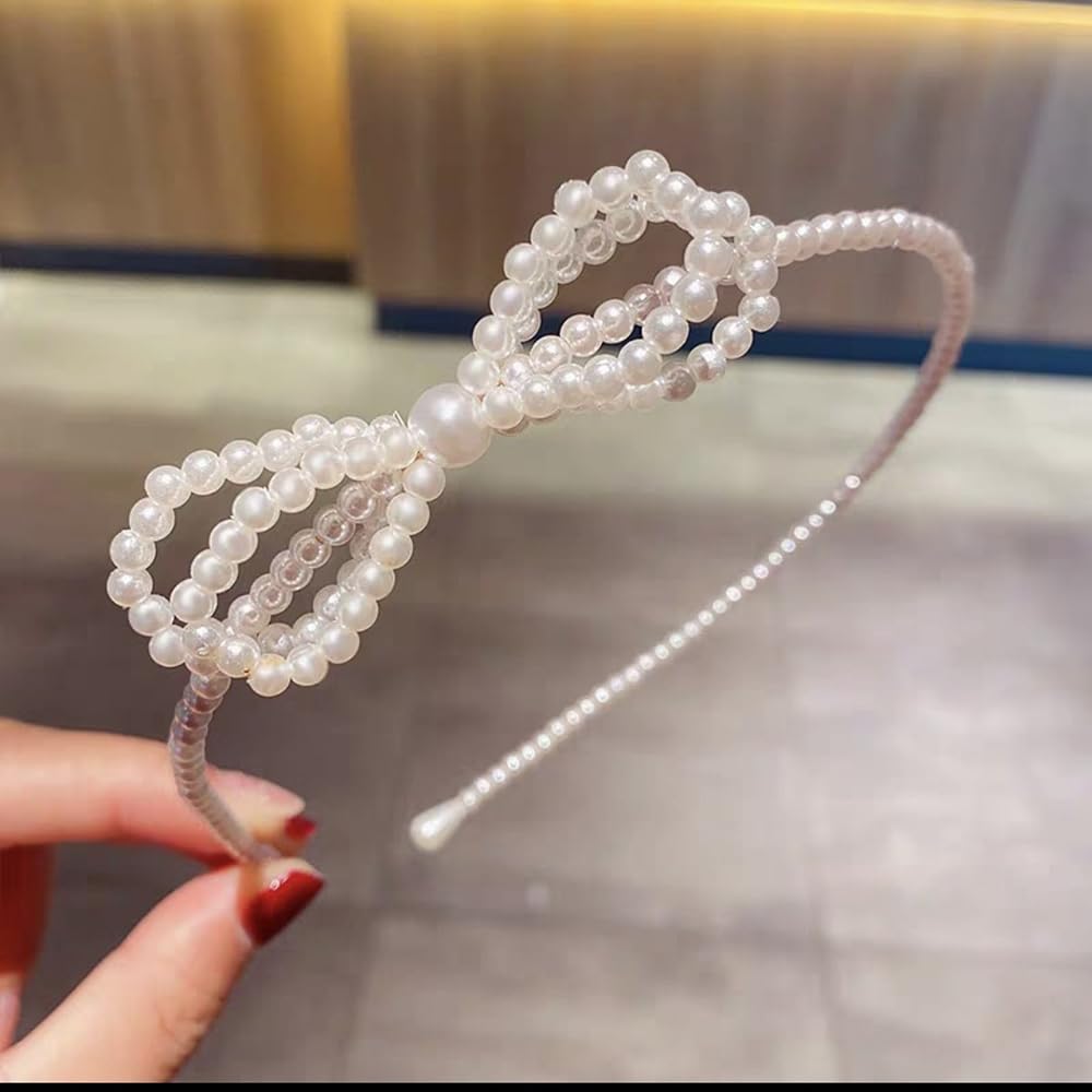 S.A.V.I Elegant White Pearl Headband for Girls & Women | Stylish Bow Hairband with Faux Pearl Beads | Party, Wedding, Birthday & Daily Hair Accessory