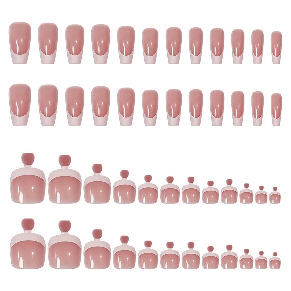 S.A.V.I 48 Pcs Nude French Coffin Press On Nails Combo for Hands & Feet | Long Glossy Fake Nails Set | Reusable Manicure & Pedicure Tips Kit for Women & Girls | Nail Art Extension Look