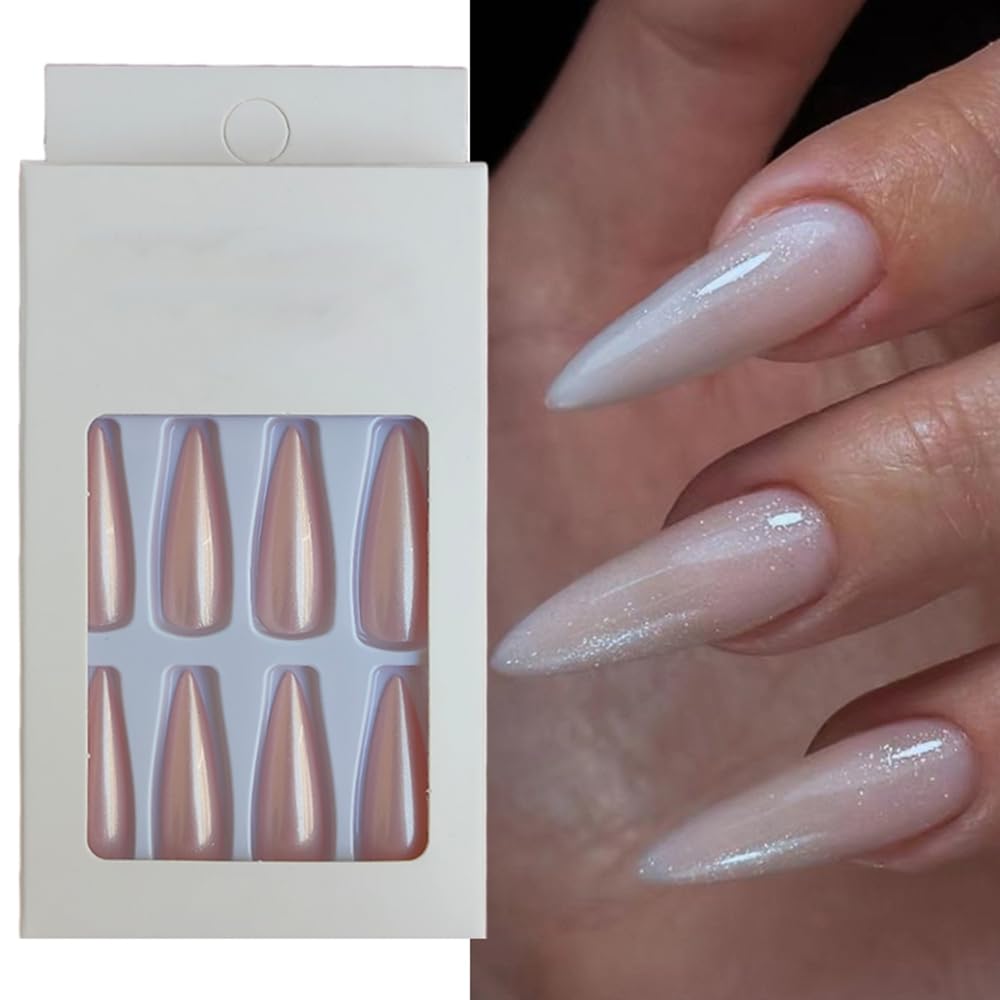 S.A.V.I Aurora Nude 24 PCs Press-On Nails - Long Stiletto Pointed, Includes Adhesive Tabs Glue