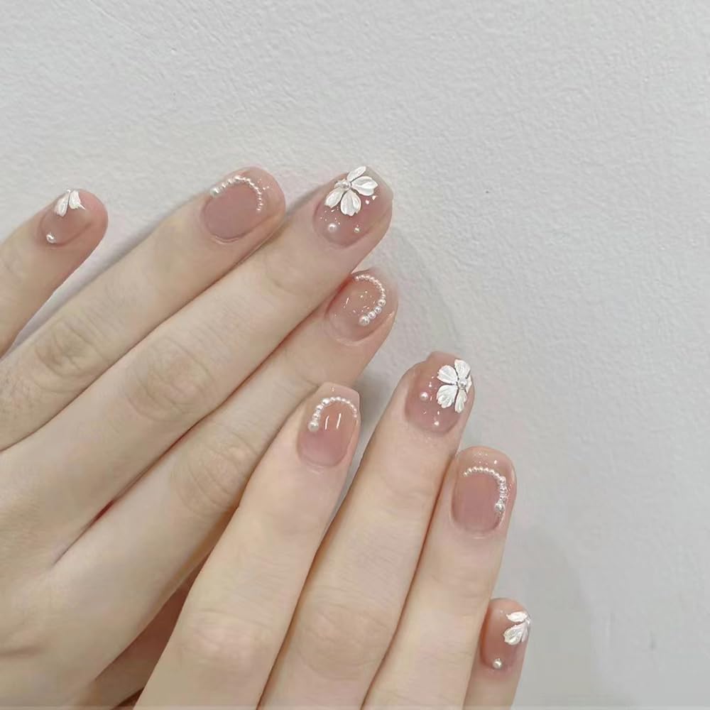 S.A.V.I 30 Pcs Short Natural Nude Fake Nails with 3D White Flowers & Pearls | Reusable Press-On Nail Tips | Glue & Adhesive Tabs Included | Salon-Perfect Manicure at Home