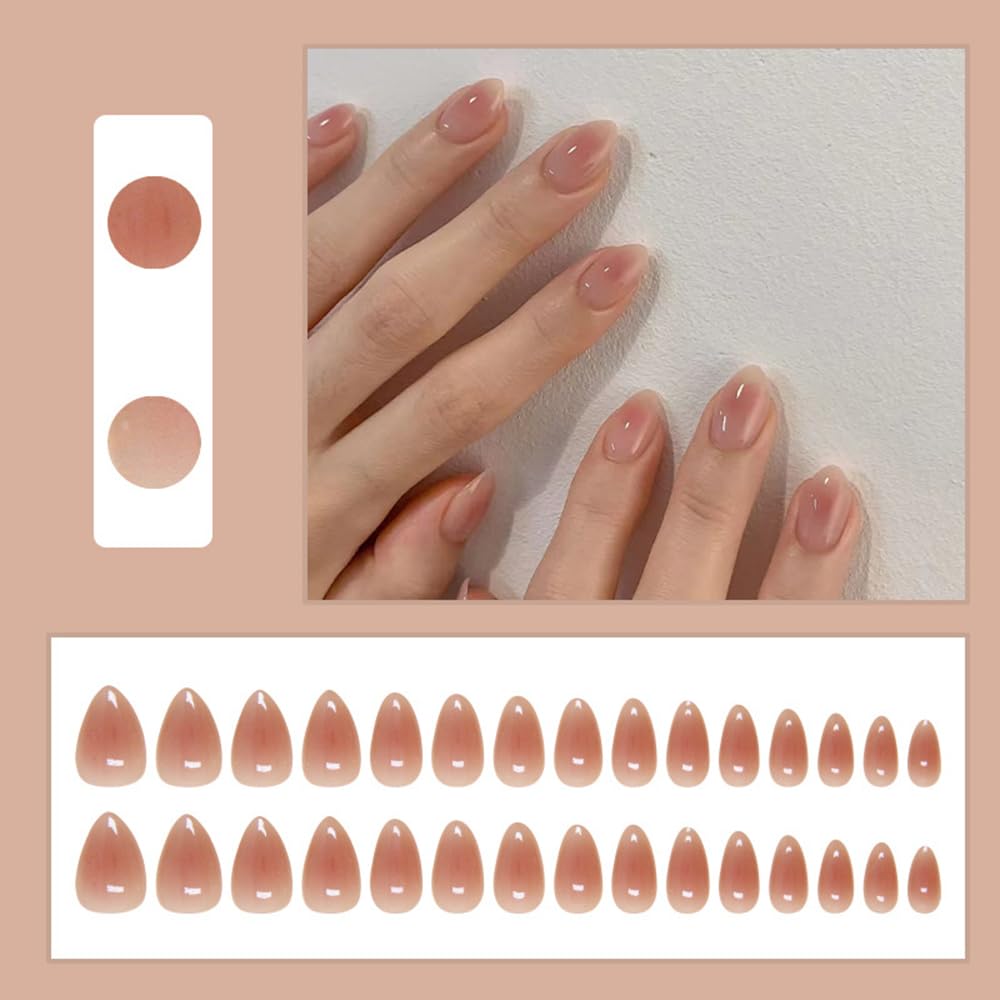 S.A.V.I 30Pcs Nude Ombre Glossy Press On Nails for Women | Medium Almond Shape Fake Nail Extensions | Reusable with Glue & Adhesive Tabs | Salon Finish for Wedding, Party, Daily