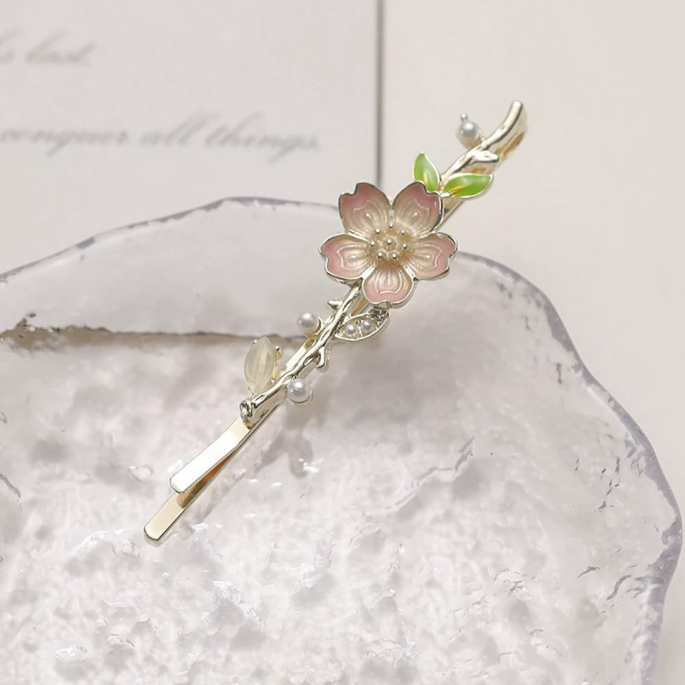 S.A.V.I Cherry Blossom Hair Clip for Women & Girls | Pink & Gold Floral Barrette 6cm | Elegant Pearl & Enamel Leaf Hairpin | Stylish Hair Accessory for Party, Wedding & Daily