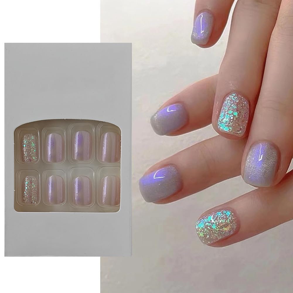 S.A.V.I 24 PCs Short Natural Shape Purple Lavender Glitter Press-on Fake Nails - DIY Manicure, Easy Application, Long-Lasting, Reusable, Salon Quality, For Everyday Special Occasions