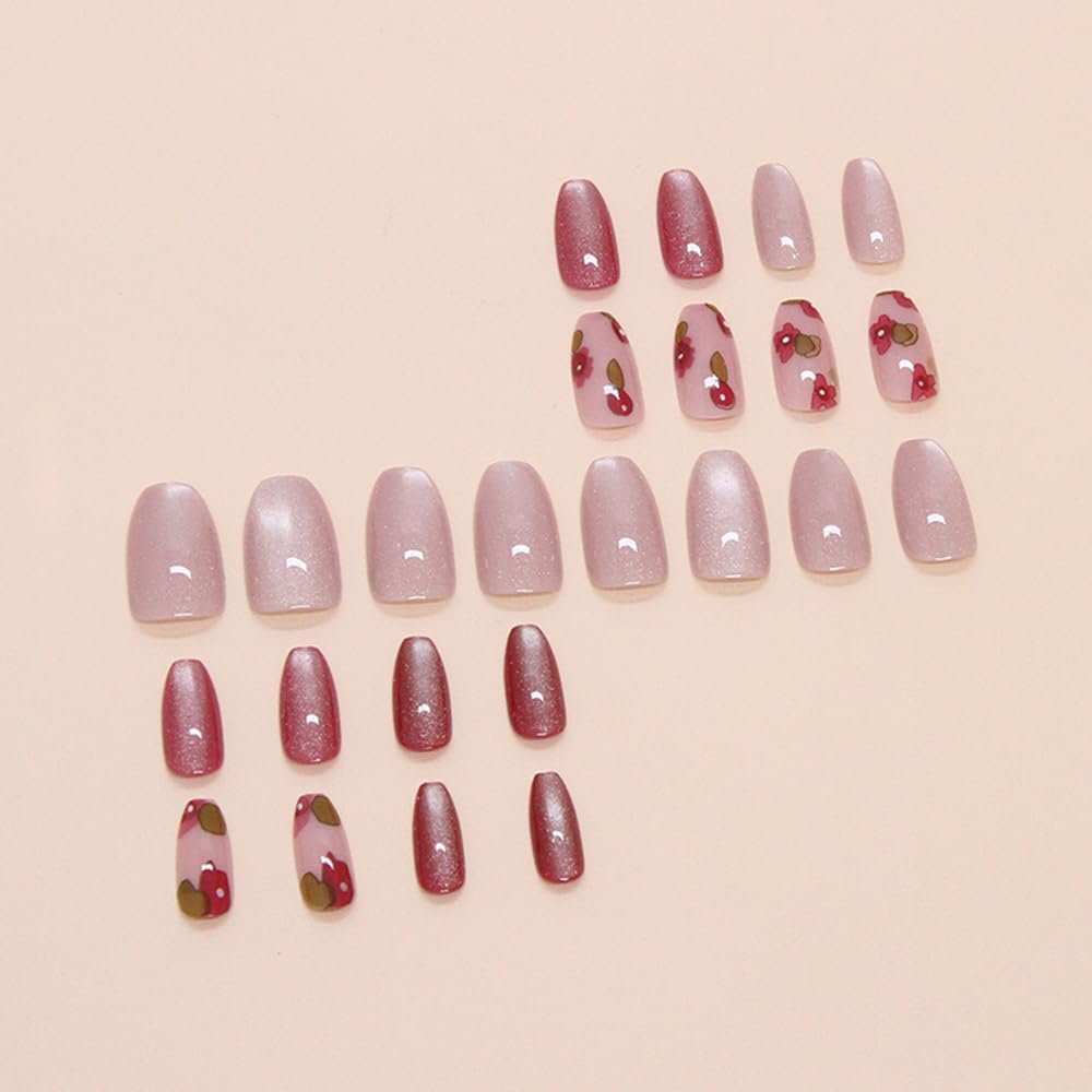 S.A.V.I 24 Pcs Pink Cat Eye & Cherry Print Press On Nails | Long Coffin Shape Glossy Nude Fake Nails for Women & Girls | Reusable Nail Art Tips with Glue & Adhesive Tabs – Salon Finish at Home