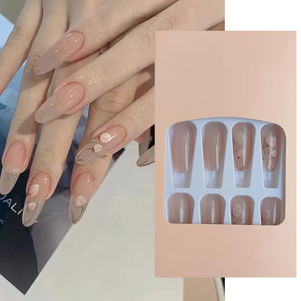 S.A.V.I 24 Pc Set - Floral Press-On Nails, Nude Long Fake Nails, Easy Manicure