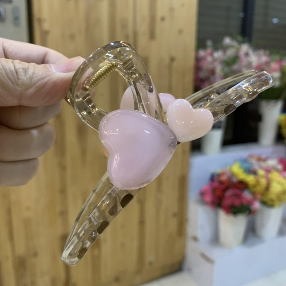 S.A.V.I Heart Shape Hair Claw Clip for Women & Girls | Acrylic Transparent Dual Marble Hearts | Stylish Beige & Pink Hair Accessory | Strong Grip for Daily & Party | 13cm