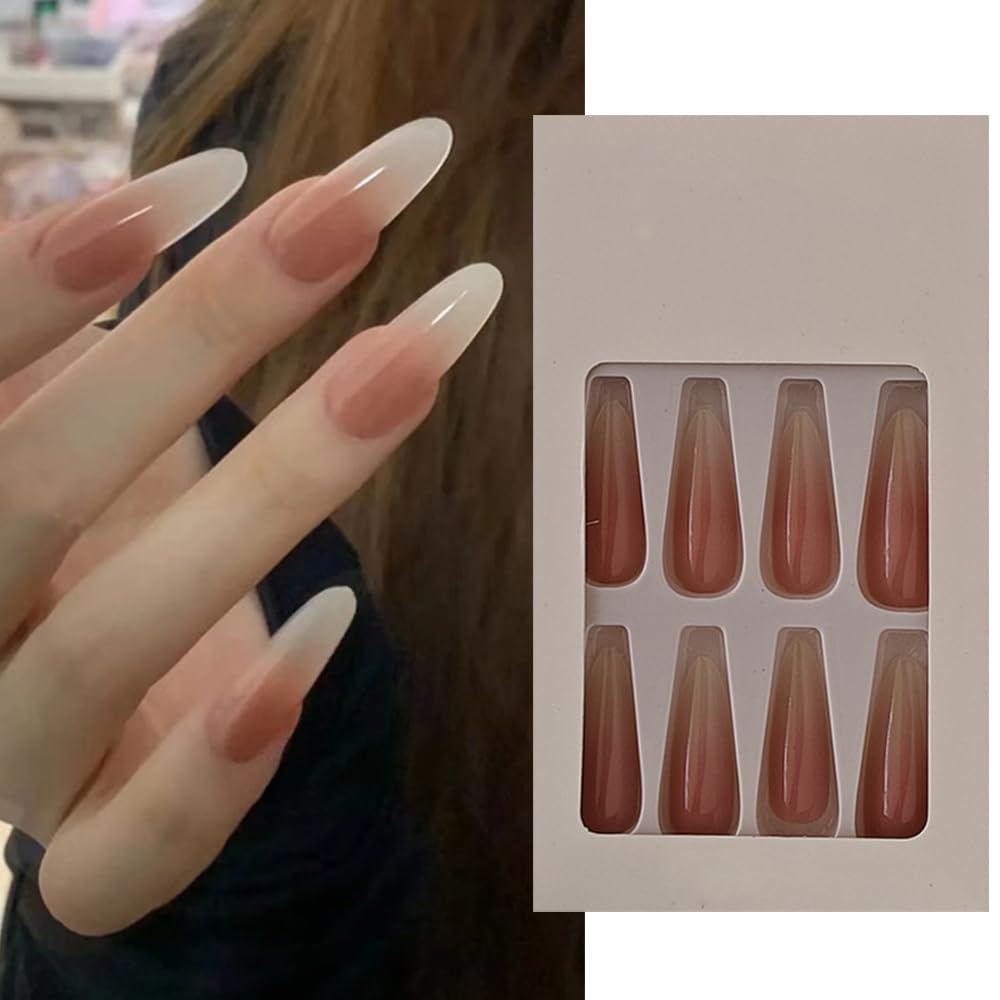 S.A.V.I 30 Pcs Long Almond Ombre Nude Press On Nails | Reusable Fake Nails with Glue & Adhesive Tabs | Elegant French Manicure Look | For Salon-Like DIY at Home