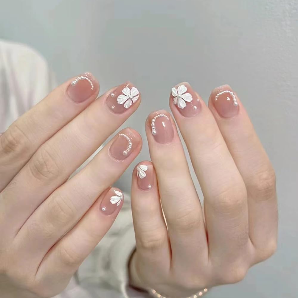 S.A.V.I 30 Pcs Short Natural Nude Fake Nails with 3D White Flowers & Pearls | Reusable Press-On Nail Tips | Glue & Adhesive Tabs Included | Salon-Perfect Manicure at Home