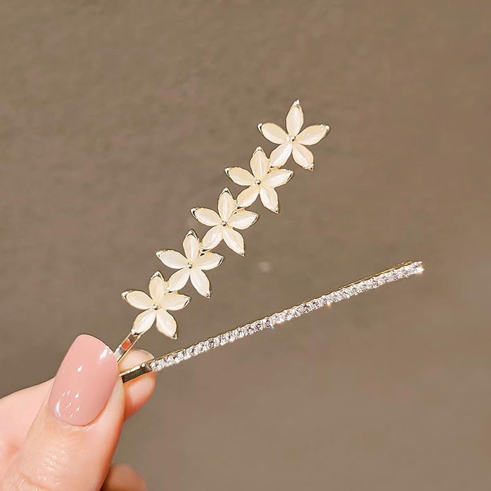 S.A.V.I 1 Pair Gold-Plated Flower Hairpins for Women & Girls | White Floral Hair Clips with Rhinestones | Elegant 7cm Hair Accessories for Wedding, Party & Daily