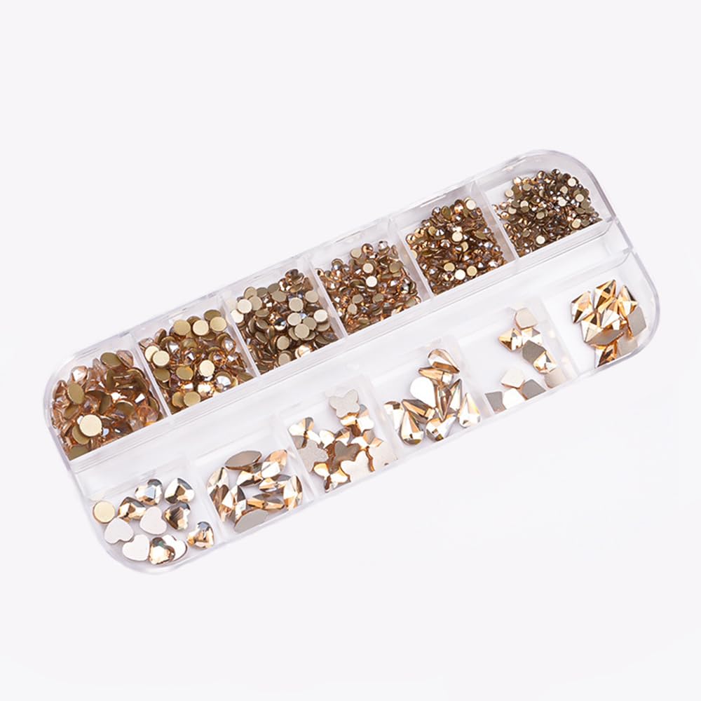 S.A.V.I Champagne Gold Nail Art Rhinestones Set – 12 Grid Flatback Glass Crystals for Nails | 3D Nail Gems | 6 Shapes & Sizes for DIY Nail Art, Manicure & Decoration