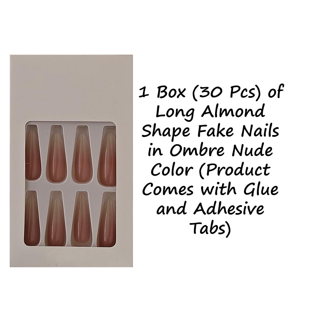 S.A.V.I 30 Pcs Long Almond Ombre Nude Press On Nails | Reusable Fake Nails with Glue & Adhesive Tabs | Elegant French Manicure Look | For Salon-Like DIY at Home