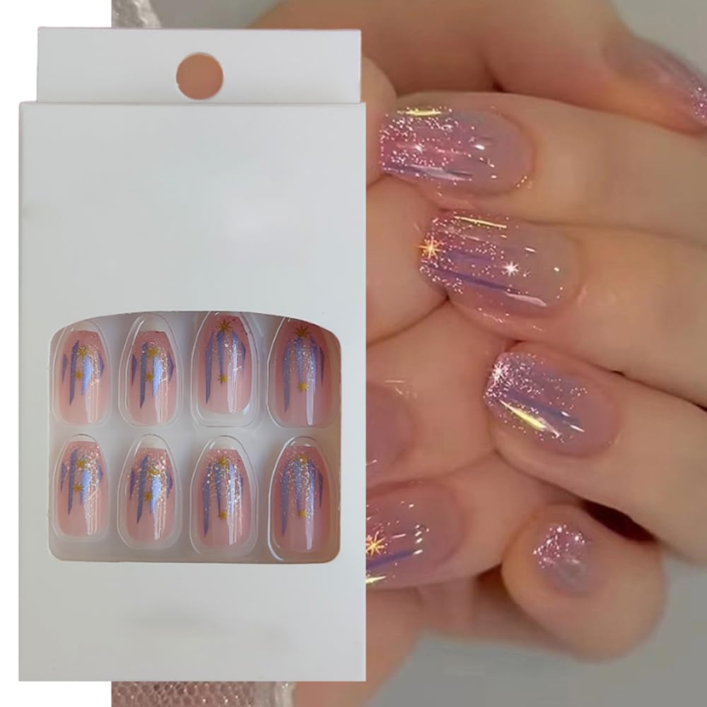 S.A.V.I Pink Purple Glitter Press-On Nails, 24 Pcs Short Coffin Shape with Adhesive Tabs Glue, Aurora Effect