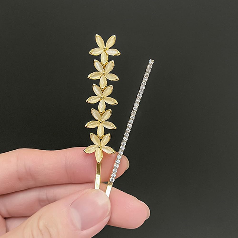 S.A.V.I 1 Pair Gold-Plated Flower Hairpins for Women & Girls | White Floral Hair Clips with Rhinestones | Elegant 7cm Hair Accessories for Wedding, Party & Daily