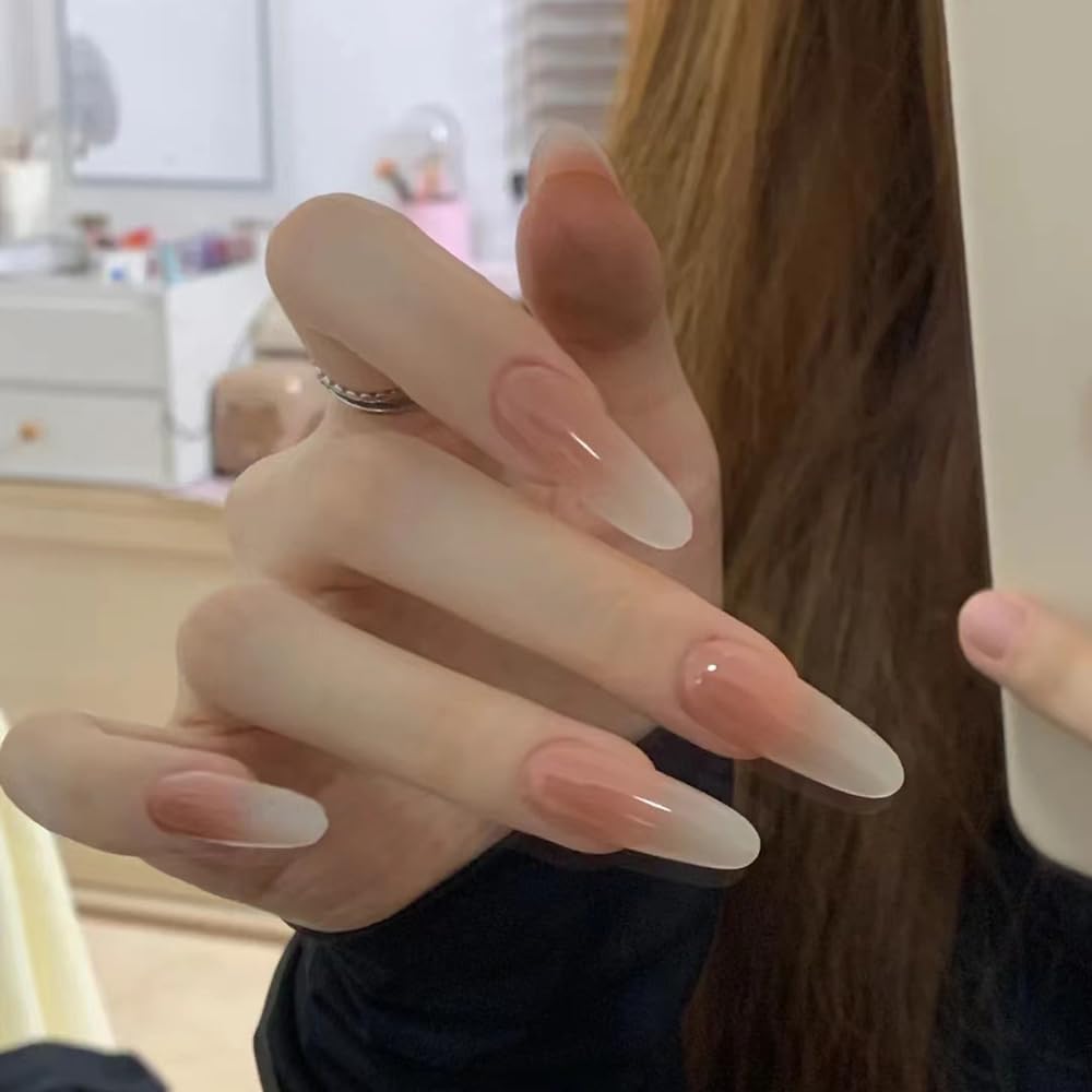 S.A.V.I 30 Pcs Long Almond Ombre Nude Press On Nails | Reusable Fake Nails with Glue & Adhesive Tabs | Elegant French Manicure Look | For Salon-Like DIY at Home