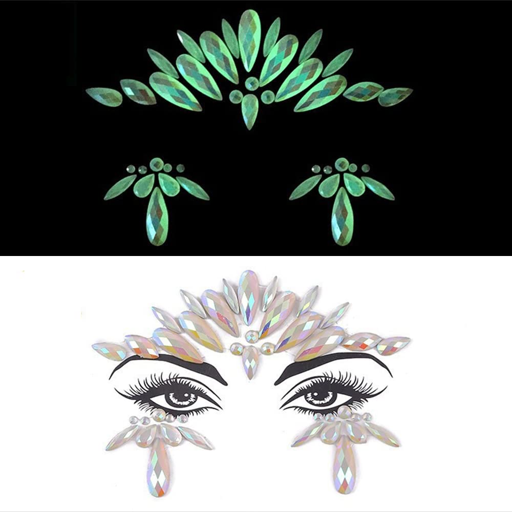 S.A.V.I 3D Glow in the Dark Face Gems Luminous Crystal Sticker Tattoo Rhinestone Decoration for Women Girls Events Parties Clubs Weddings