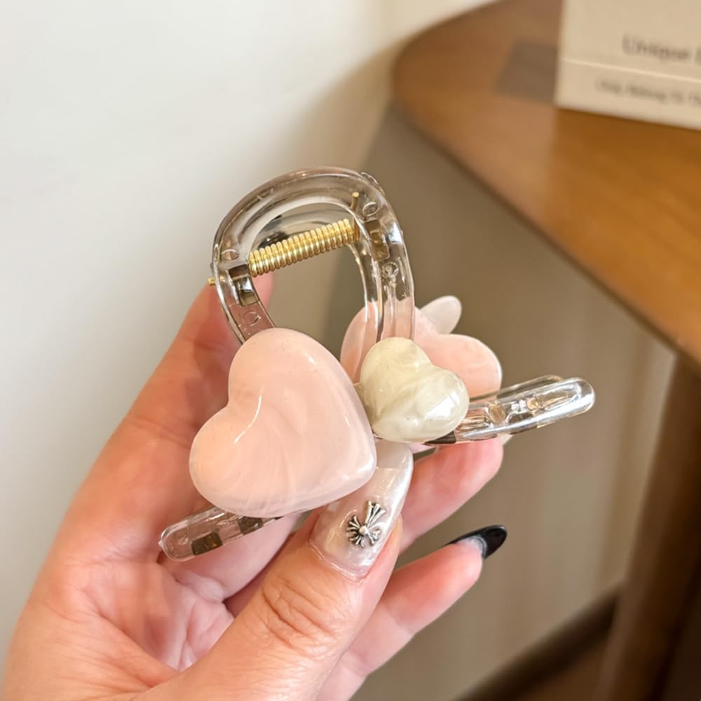 S.A.V.I 8cm Heart Shape Hair Claw Clip for Women & Girls | Pastel Pink & Beige Acrylic Hair Clip | Strong Grip Clutcher for Thick Hair | Stylish Daily & Party Hair Accessory