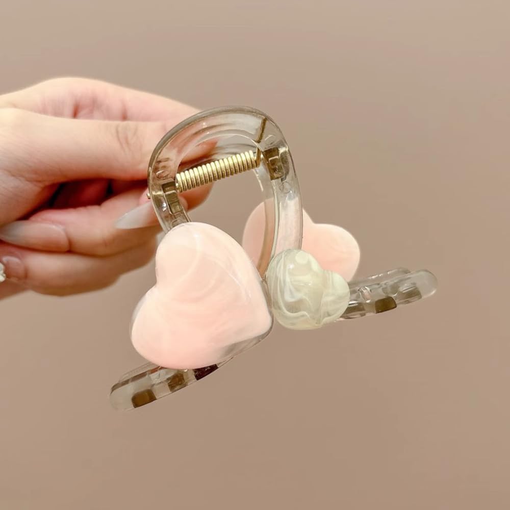 S.A.V.I 8cm Heart Shape Hair Claw Clip for Women & Girls | Pastel Pink & Beige Acrylic Hair Clip | Strong Grip Clutcher for Thick Hair | Stylish Daily & Party Hair Accessory