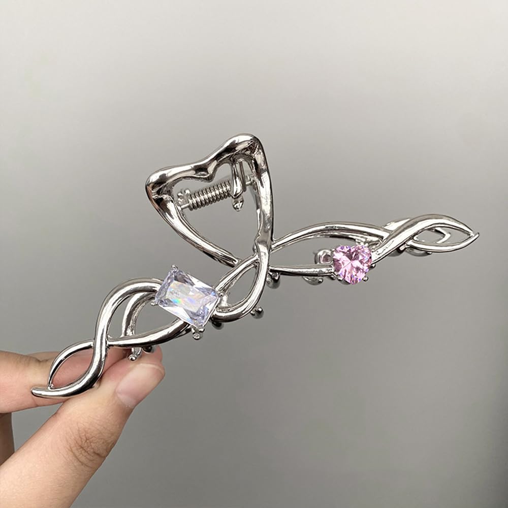 S.A.V.I Silver Metal Hair Claw Clip for Women & Girls | 11cm Big Hair Clutcher with Rhinestones | Stylish Butterfly Design | Strong Grip Hair Accessory for Thick Hair, Party & Daily