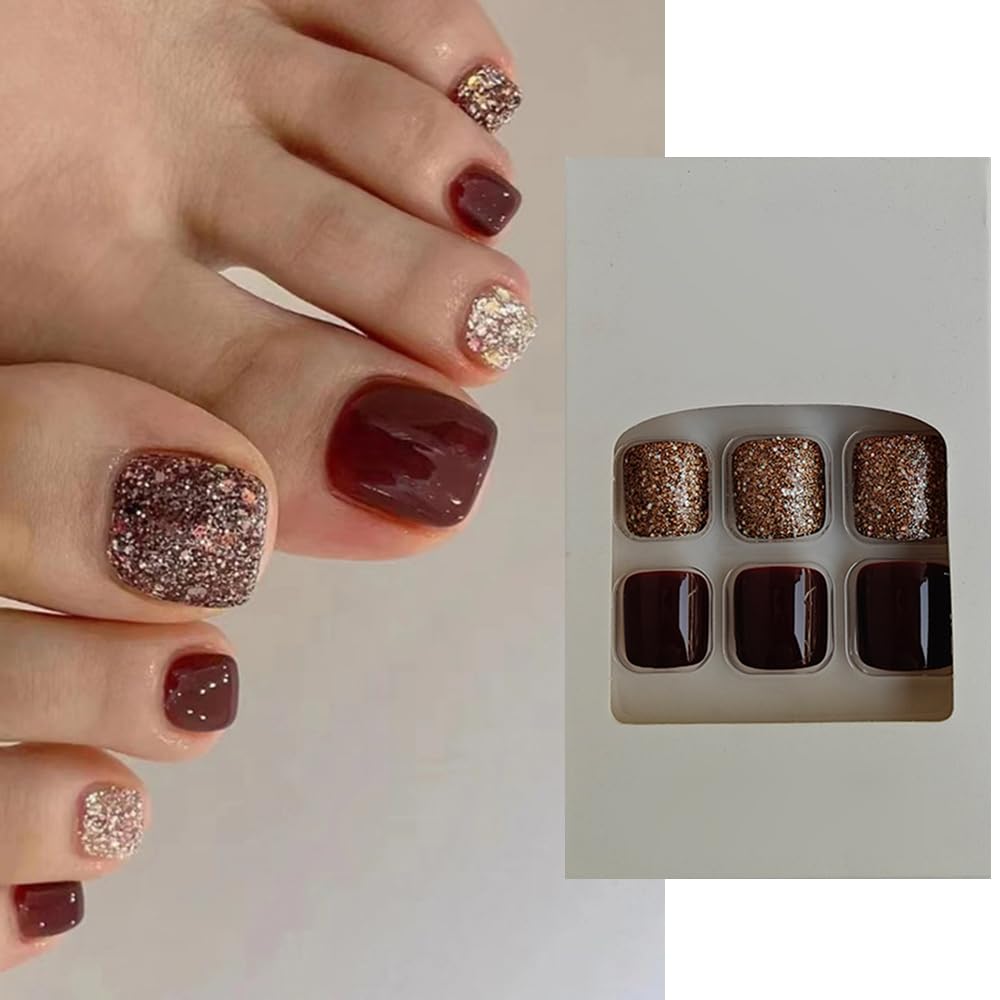 S.A.V.I 24 Pcs Gold Glitter Wine Maroon Short Toe Nails Set | Natural Shape False Nails | Reusable, Comfortable Artificial Toe Nails for Women | Elegant DIY Manicure Nail Art – Perfect for Parties Events