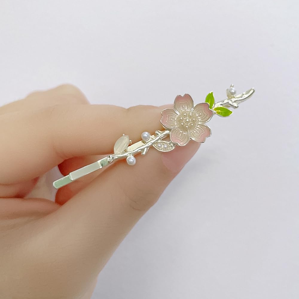S.A.V.I Cherry Blossom Hair Clip for Women & Girls | Pink & Gold Floral Barrette 6cm | Elegant Pearl & Enamel Leaf Hairpin | Stylish Hair Accessory for Party, Wedding & Daily