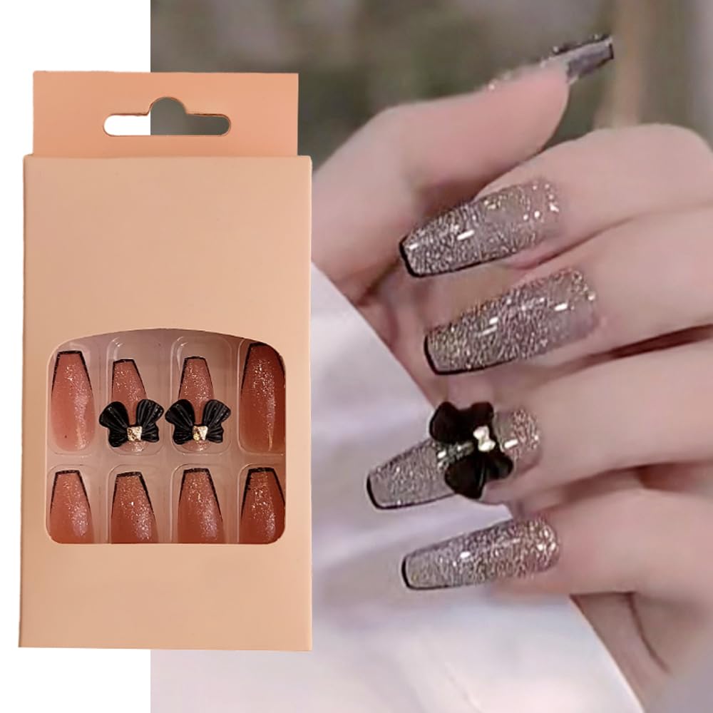 S.A.V.I 24PCs Nude Glitter 3D Bowknot Press-On Nails - Long Coffin Shape with Adhesive Glue
