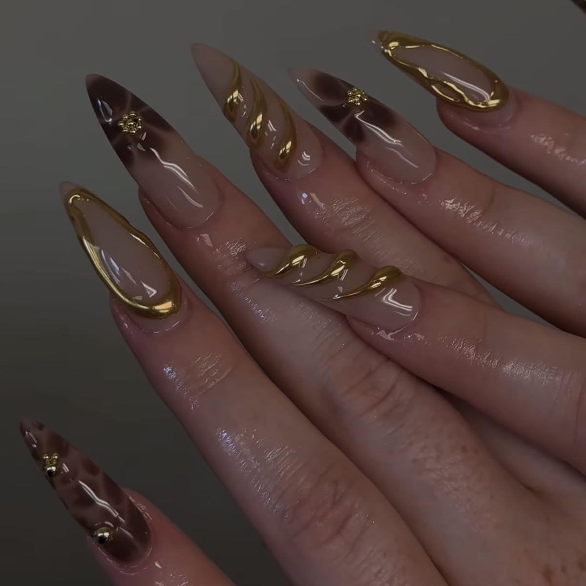 S.A.V.I 24Pcs Long Almond Nude & Brown Press-On Nails with 3D Chrome & Leopard Print – Reusable Nail Extensions with Glue & Adhesive Tabs for Salon-Style Manicure