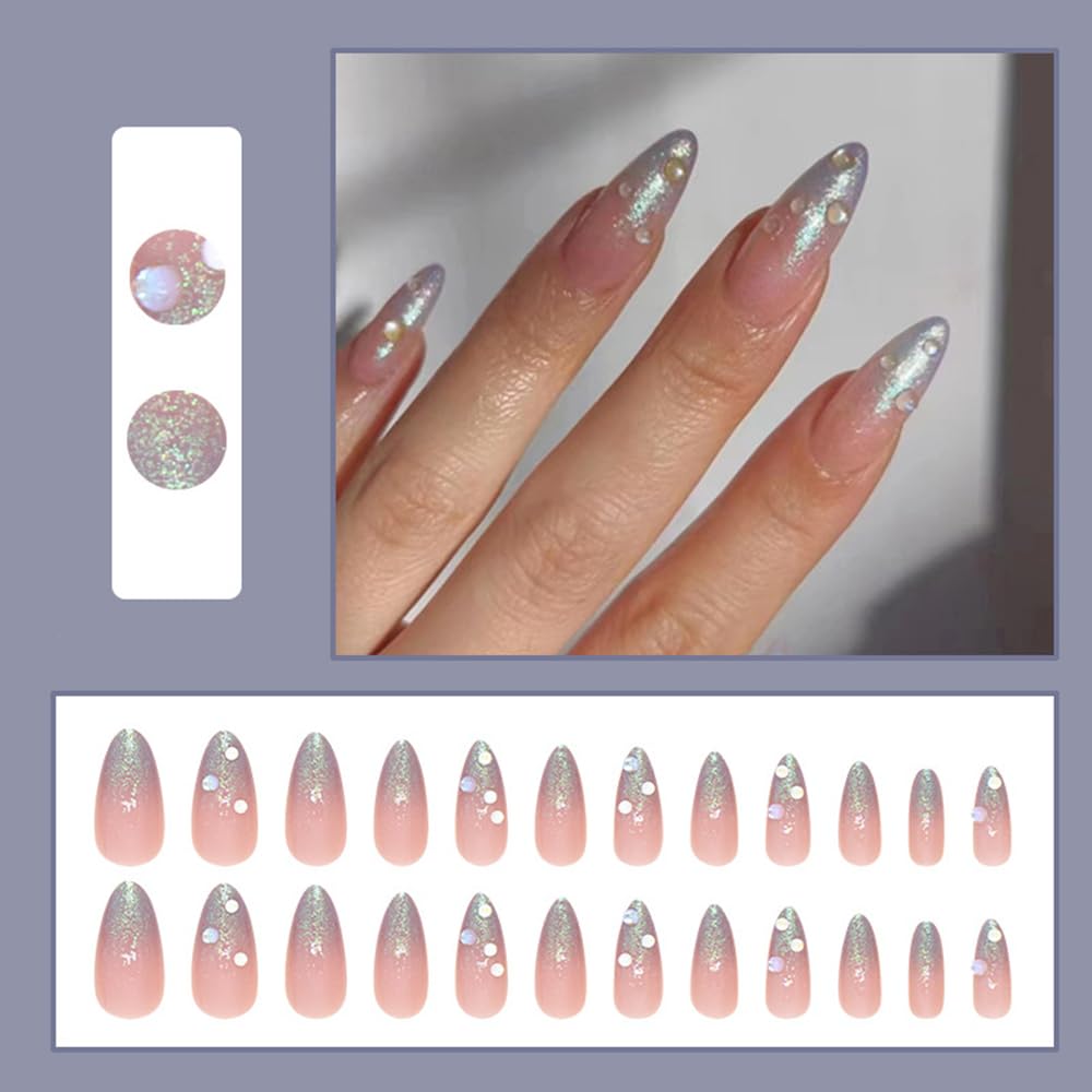 S.A.V.I 24Pcs Nude Long Almond Press On Nails for Women & Girls | Glossy Glitter Artificial Nails with 3D Droplets | Reusable Nail Tips for Party, Wedding & Daily | DIY Nail Art Set