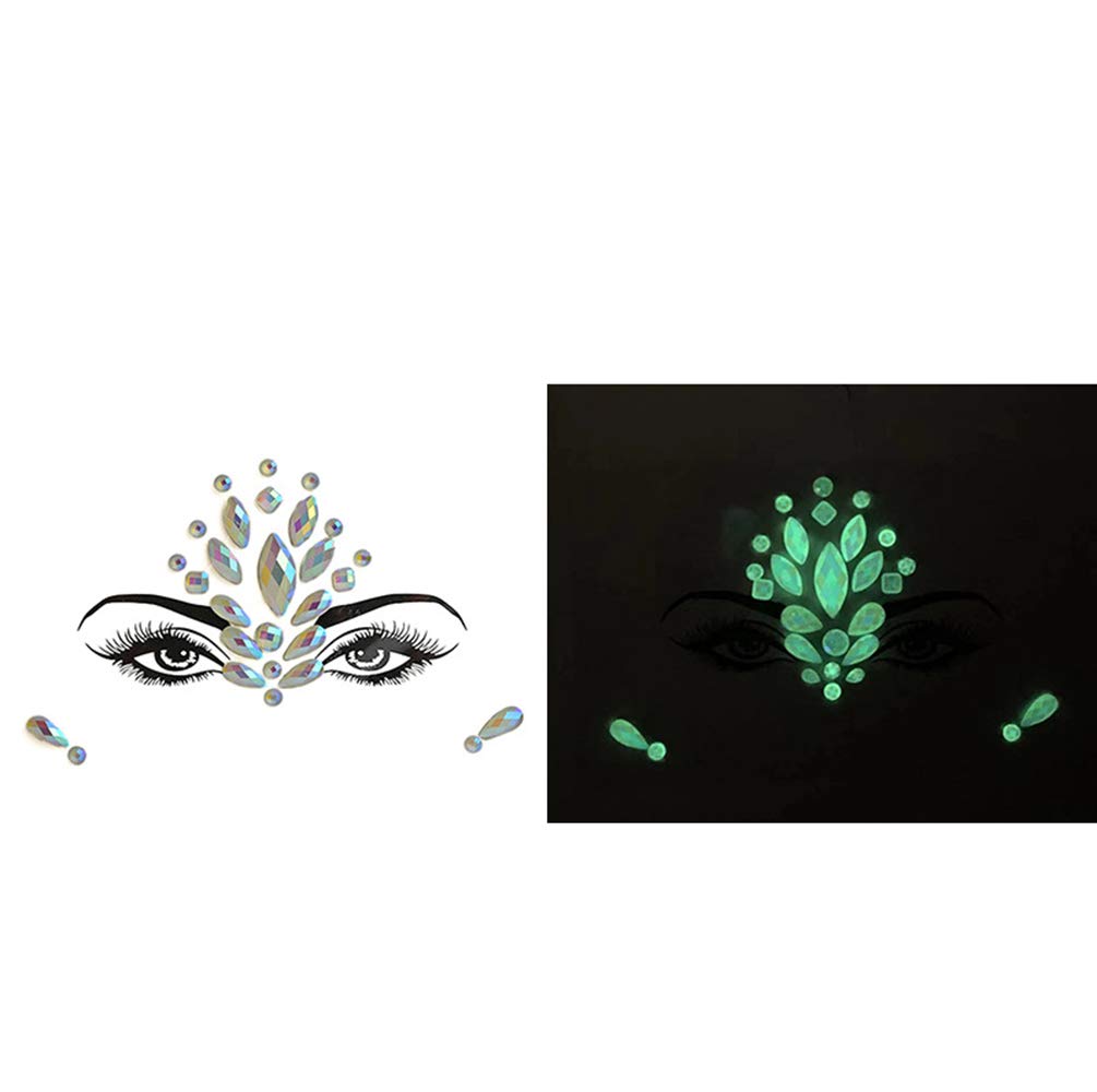 S.A.V.I 3D Glow in the Dark Luminous Face Gems Acrylic Crystal Fluorescent Stickers Rave Eyes Decoration Rhinestone Diamond Forehead Eyebrows Self-adhesive Sticker for Women, 1 Sheet