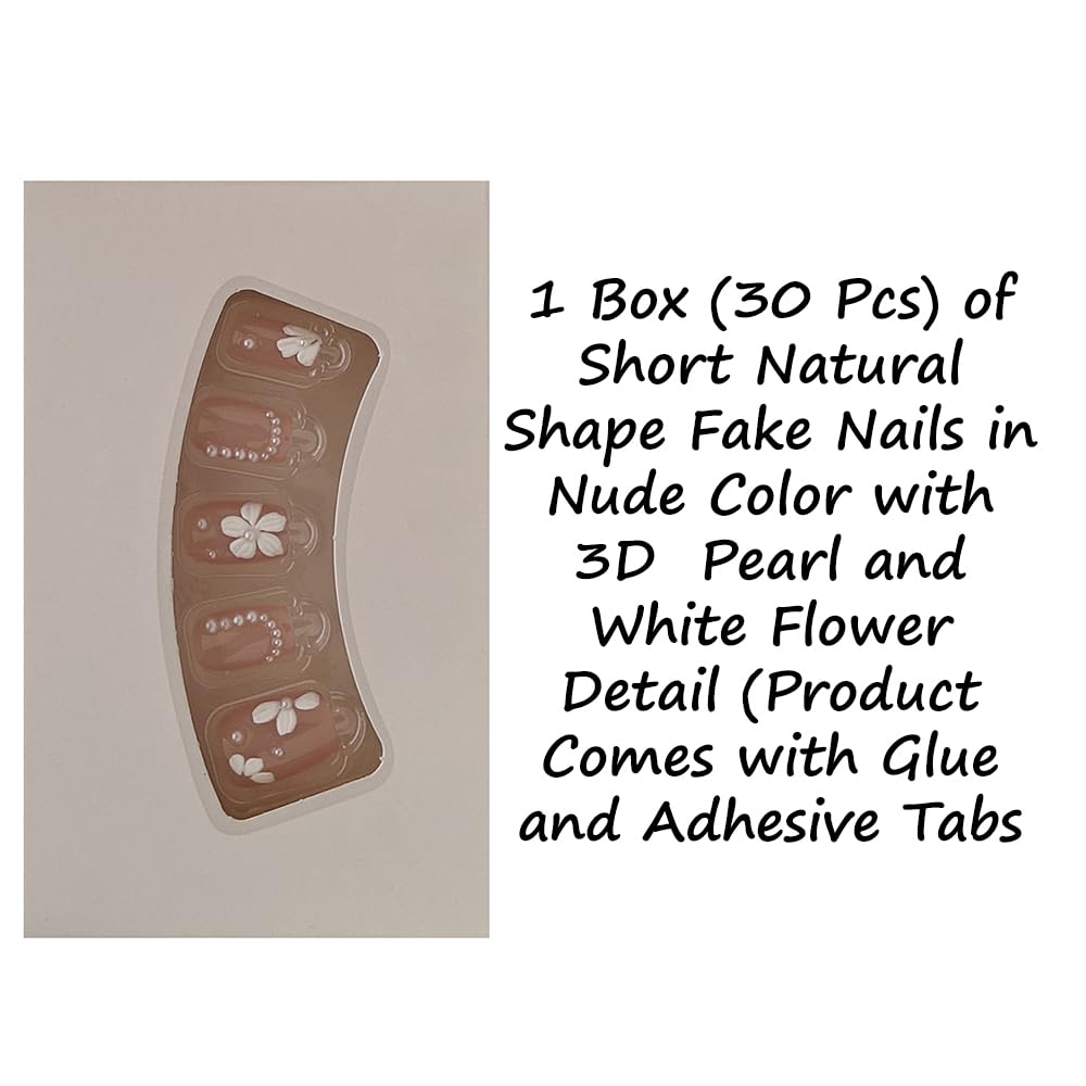 S.A.V.I 30 Pcs Short Natural Nude Fake Nails with 3D White Flowers & Pearls | Reusable Press-On Nail Tips | Glue & Adhesive Tabs Included | Salon-Perfect Manicure at Home