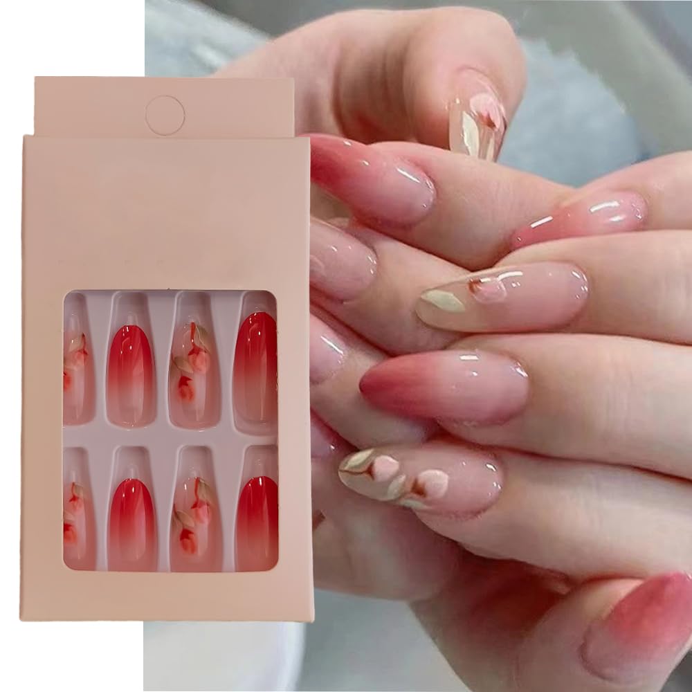 S.A.V.I 24pc Transparent Gradient Floral Press-On Nails Kit - Nude Peach with Adhesive Glue