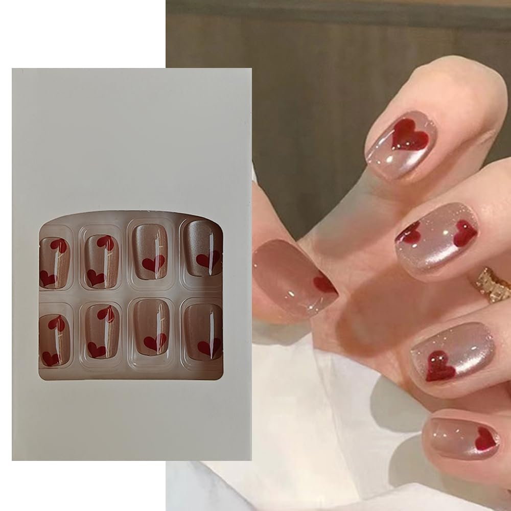 S.A.V.I 24 Pcs Nude Cat's Eye Red Heart Print Fake Nails | Medium-Length Square Shape Press-On Nail Set for Women | Natural-Looking, DIY, Easy to Apply, Stylish Nail Art for Any Occasion