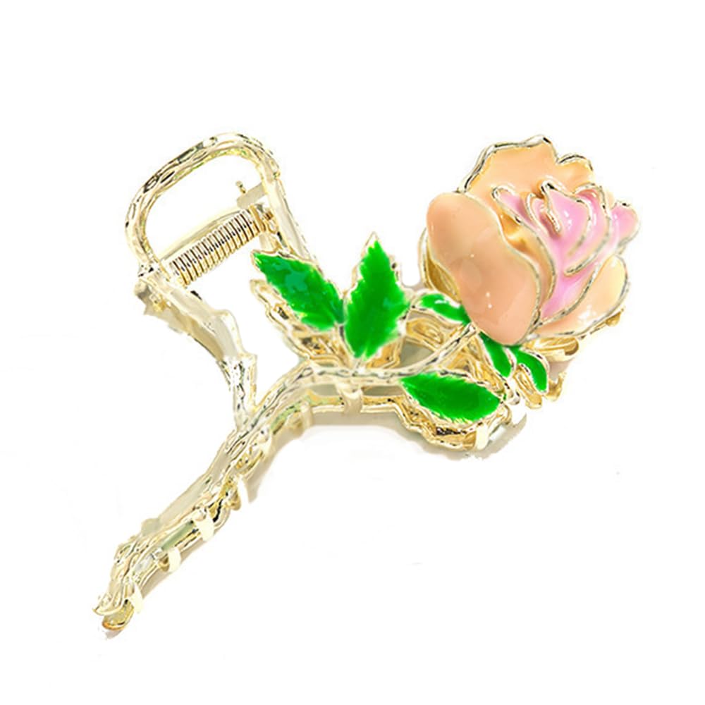 S.A.V.I Gold Rose Hair Claw Clip for Women & Girls | Pink Enamel Flower Clutcher with Green Leaves | 11x5 cm Metal Hair Accessory for Party, Wedding, Daily | Stylish Floral Design