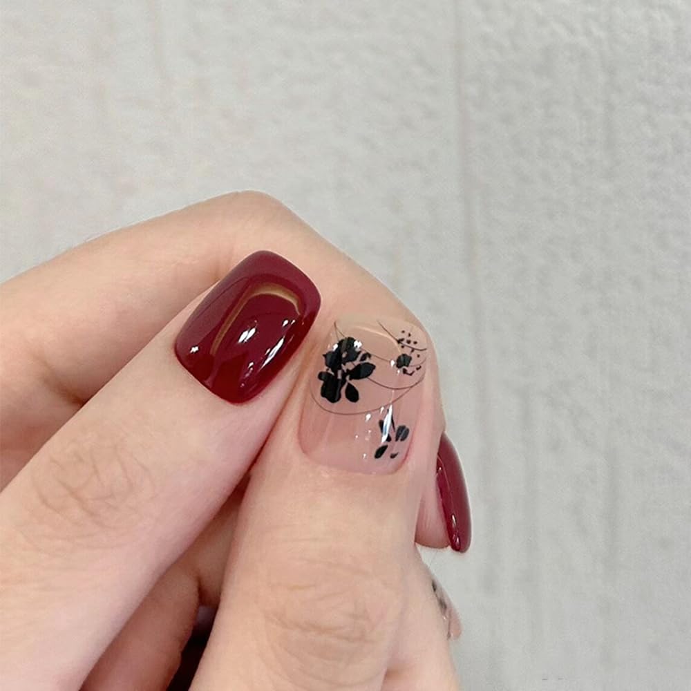 S.A.V.I 24 Pcs Wine & Nude Short Press On Nails with Black Floral Design | Natural Look Reusable Fake Nail Tips for Women & Girls | With Glue & Adhesive Tabs | Nail Art Kit