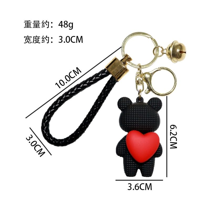S.A.V.I Cute Pink Bear Keychain with Heart Charm | Resin Mini Teddy Pendant 6cm | Braided PU Leather Wrist Strap | Lightweight Gold Key Ring for Girls, Women (Black)