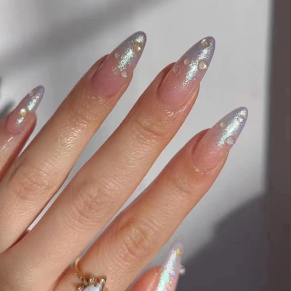 S.A.V.I 24Pcs Nude Long Almond Press On Nails for Women & Girls | Glossy Glitter Artificial Nails with 3D Droplets | Reusable Nail Tips for Party, Wedding & Daily | DIY Nail Art Set