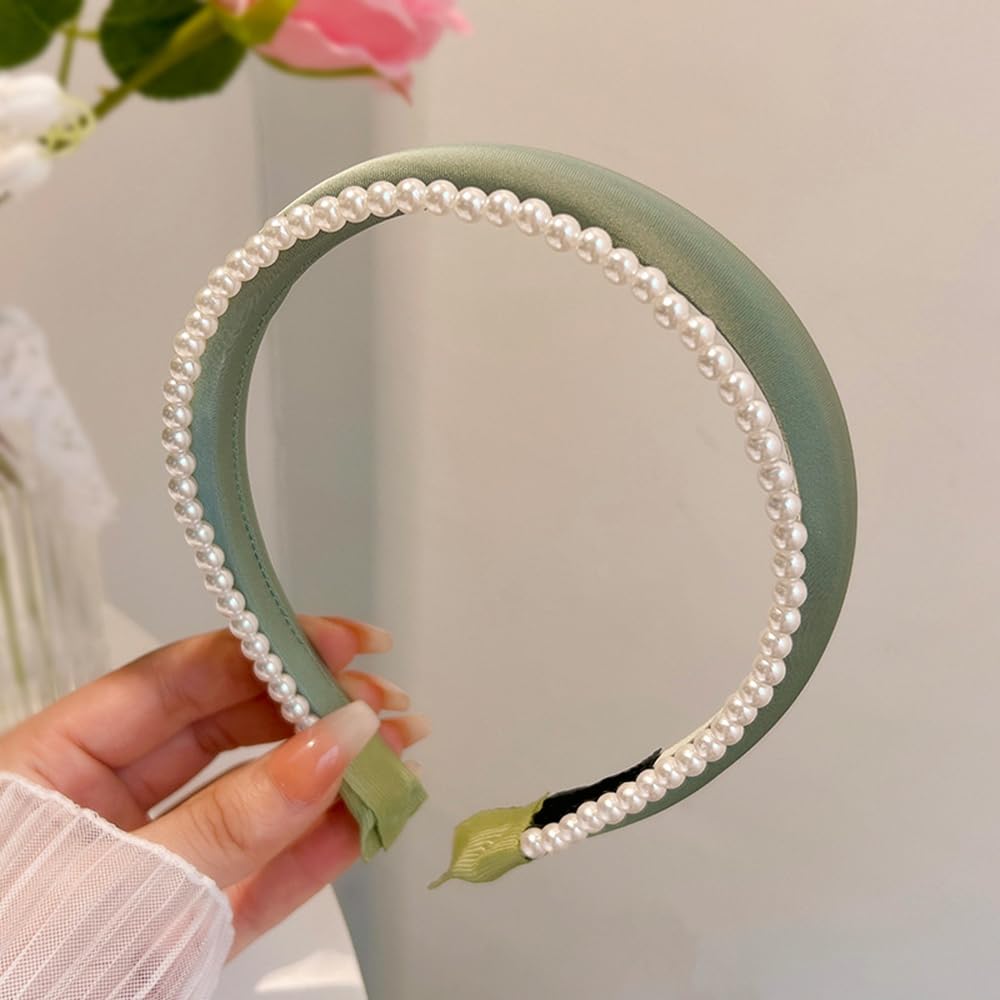 S.A.V.I Women’s Green Satin Hairband with Pearls | Stylish Double Layered Padded Headband for Girls | Trendy & Comfortable Hair Accessory for Daily, Weddings, Parties & Gifting
