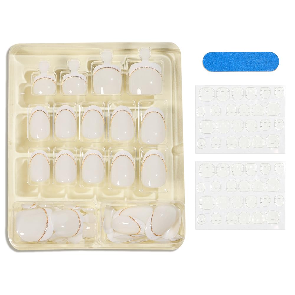 S.A.V.I 48 Pcs Off White French Tip Press On Nails Set for Hands & Feet | Medium Oval & Square Shape | Gold Glitter Line | Reusable Nail Art Kit with Adhesive Tabs & Nail File