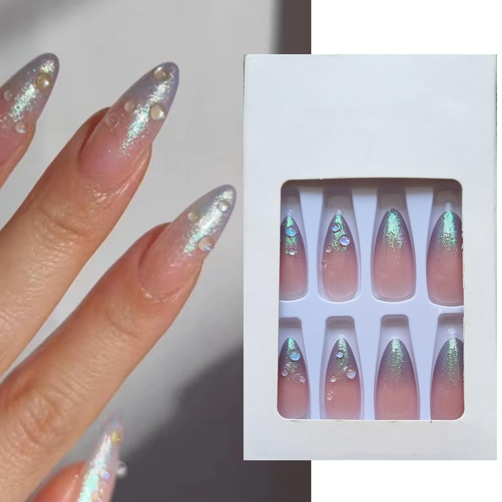 S.A.V.I 24Pcs Nude Long Almond Press On Nails for Women & Girls | Glossy Glitter Artificial Nails with 3D Droplets | Reusable Nail Tips for Party, Wedding & Daily | DIY Nail Art Set
