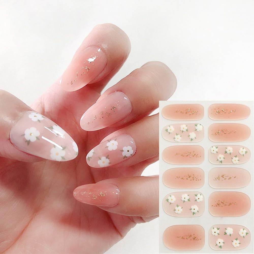 S.A.V.I 12PCS Peach Glitter Floral Pattern Print Gel Effect Full Nail Stickers - Long-lasting, Easy-to-Apply Nail Art Decorations for Salon-Quality Manicure at Home
