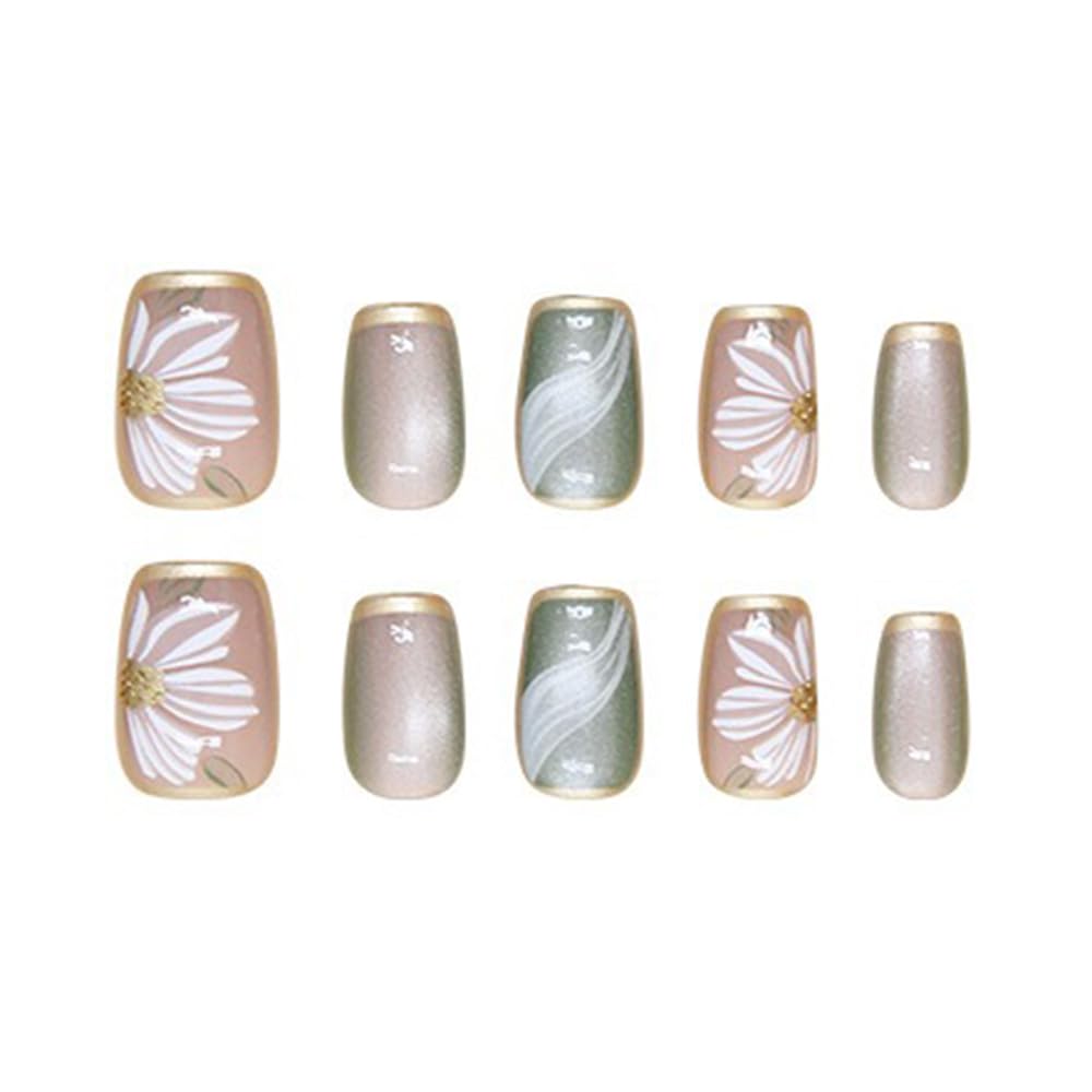 S.A.V.I 30 Pcs Medium Length Nude Green Cat's Eye Fake Nails | Reusable Press-On Artificial Nails for Women Girls | Natural Shape False Nails with Floral Print | Long-Lasting, Easy to Apply Remove
