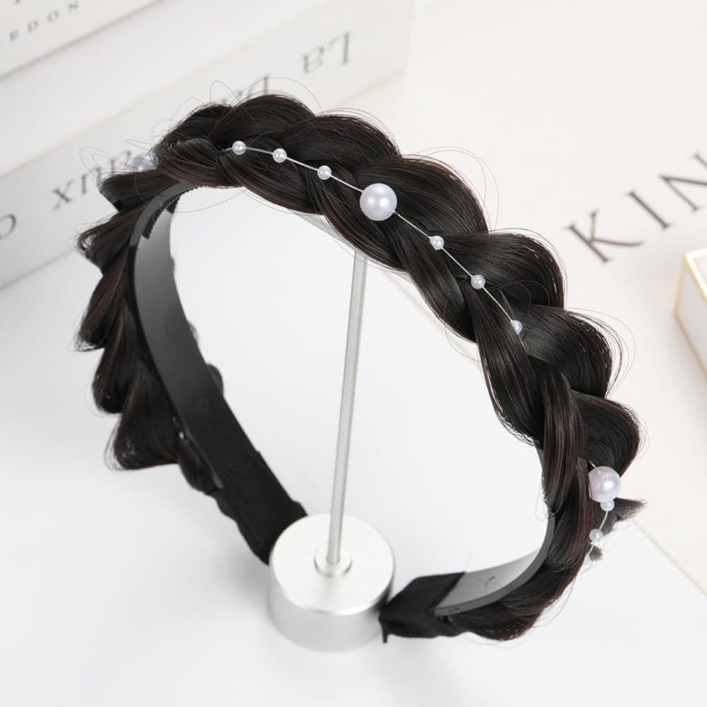 S.A.V.I Natural Black Braided Hairband for Women & Girls | Faux Hair Braid Headband with Pearls | Stylish Hair Accessory for Party, Wedding, Daily | 13x15 cm Elegant Look