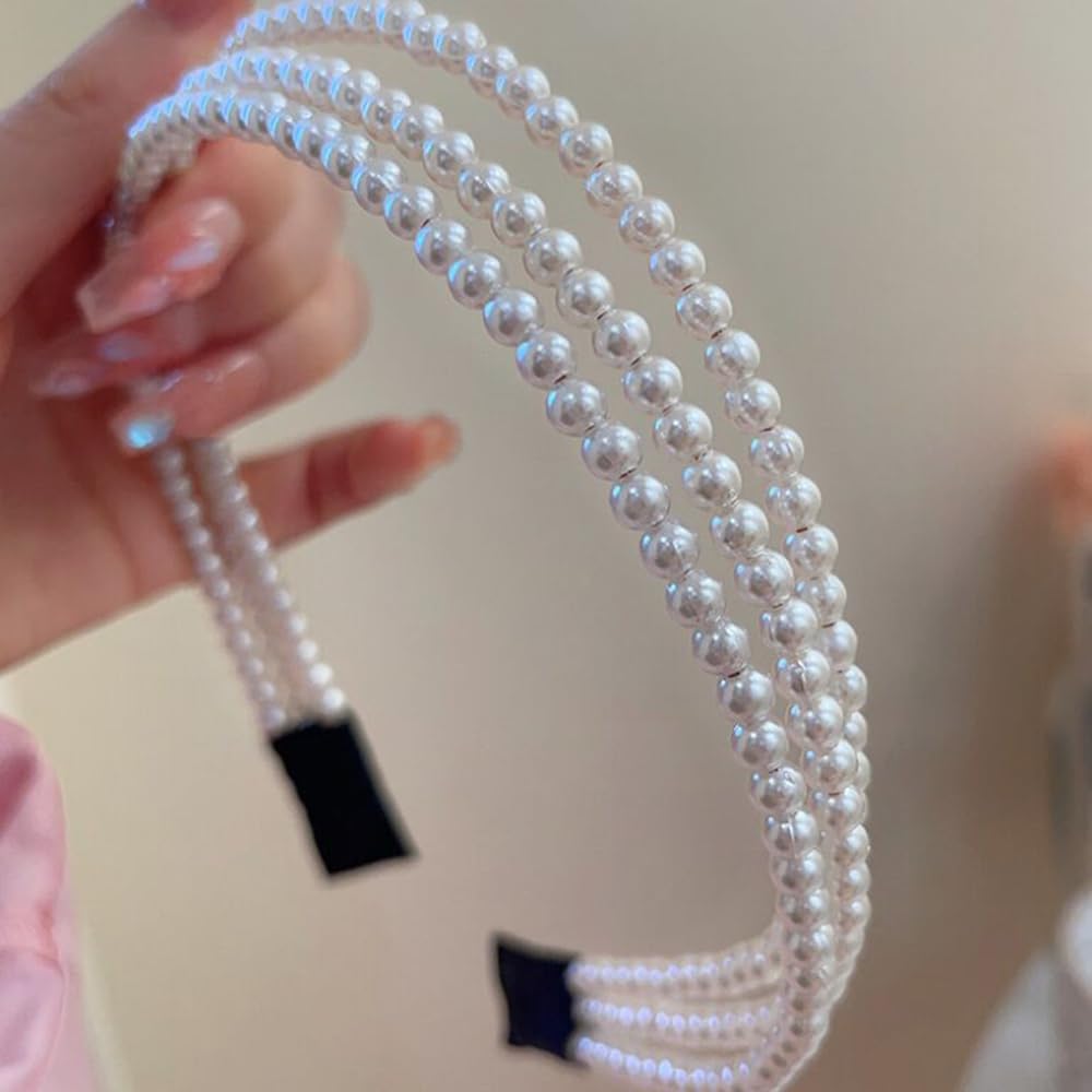 S.A.V.I White Pearl Beaded Triple Layer Hairband for Women & Girls | Stylish Headband for Long Hair | Elegant Hair Accessory for Party & Daily | Fashion Hair Band (12x14 cm)
