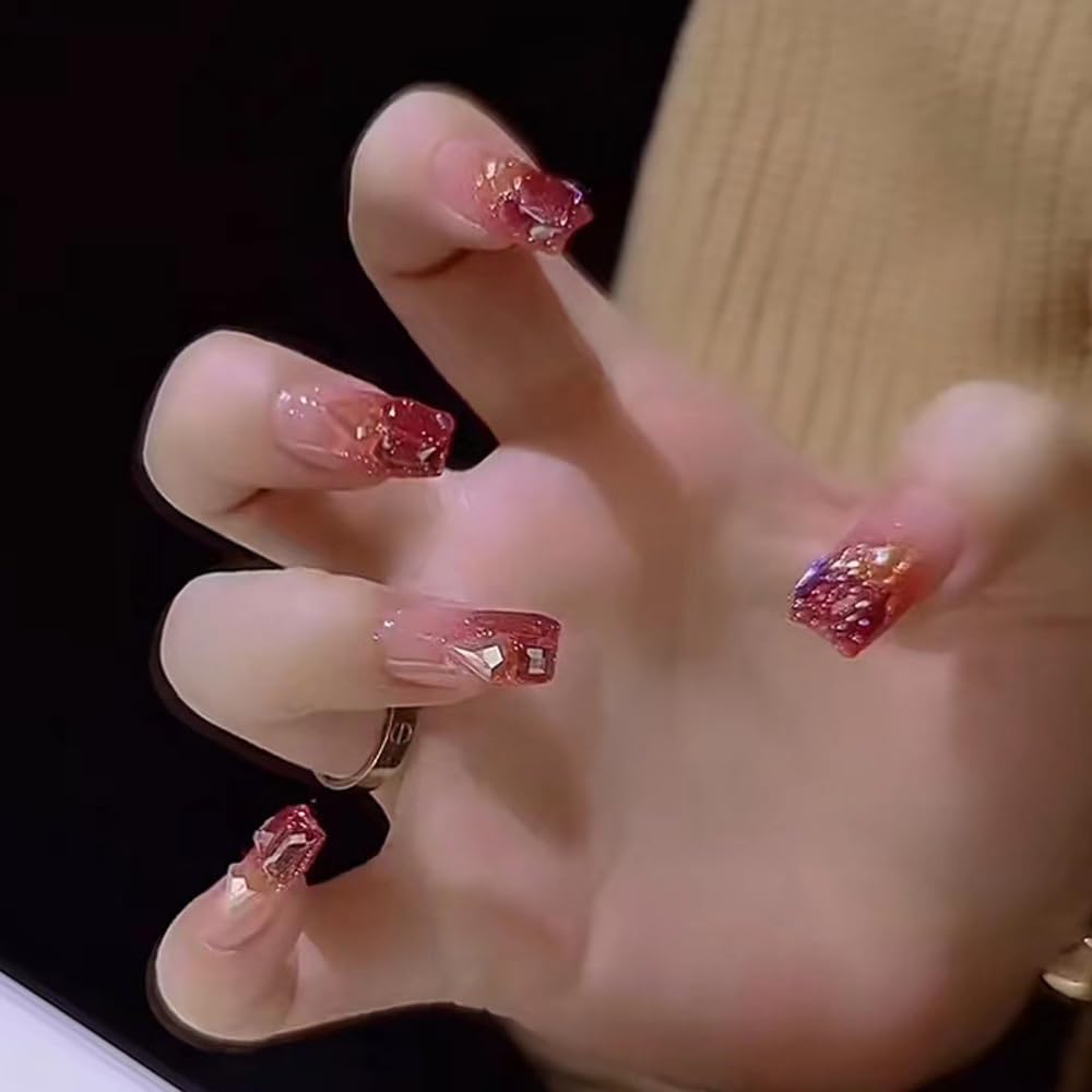 S.A.V.I 24pcs Square Medium Length Nude & Red Glitter Fake Nails with Rhinestones | Reusable Salon-Quality Nail Art| Includes Glue & Adhesive Tabs for DIY Manicure at Home