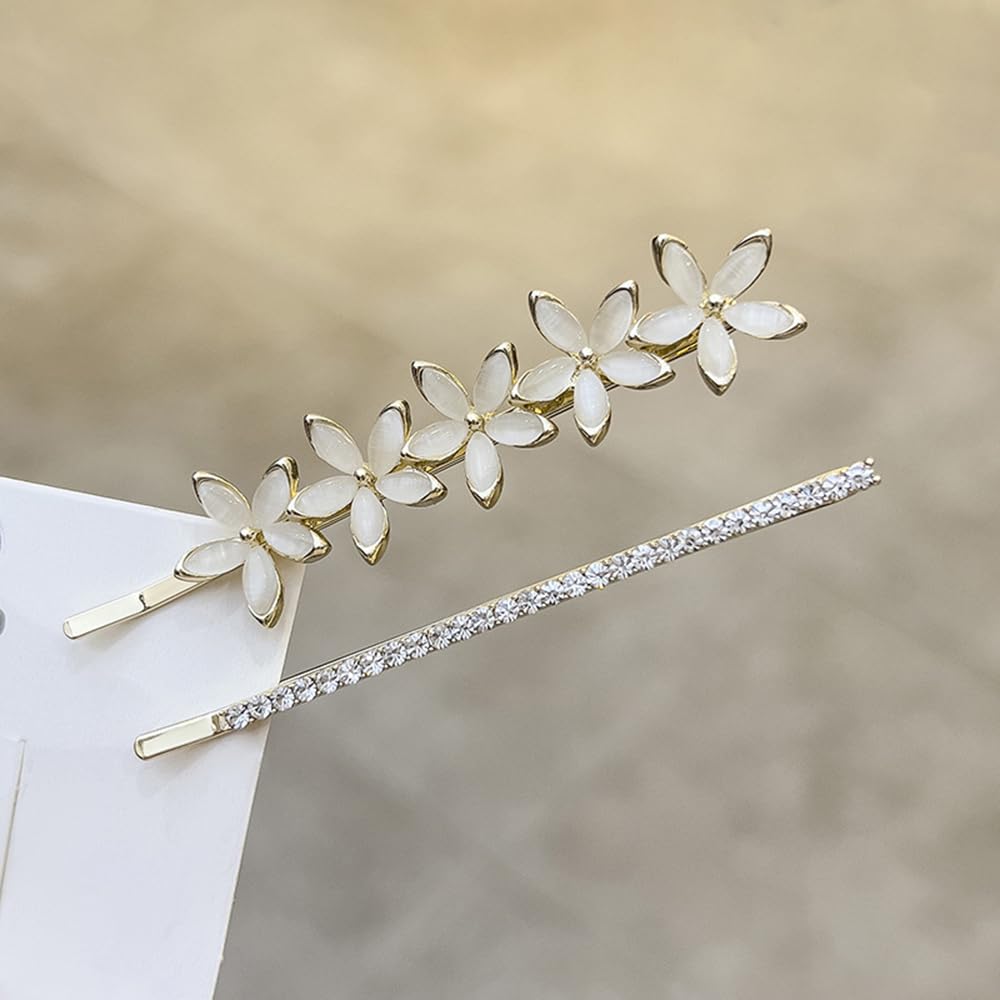 S.A.V.I 1 Pair Gold-Plated Flower Hairpins for Women & Girls | White Floral Hair Clips with Rhinestones | Elegant 7cm Hair Accessories for Wedding, Party & Daily