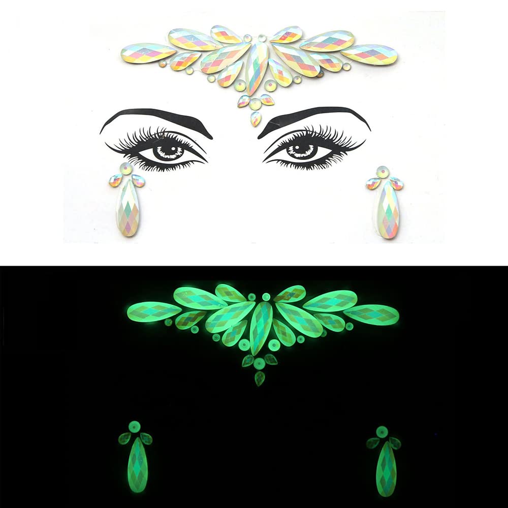 S.A.V.I 3D Luminous, Glow in the Dark Face Gems Crystal Sticker Tattoo Rhinestone Decoration for Women Girls Events Parties Weddings Clubs