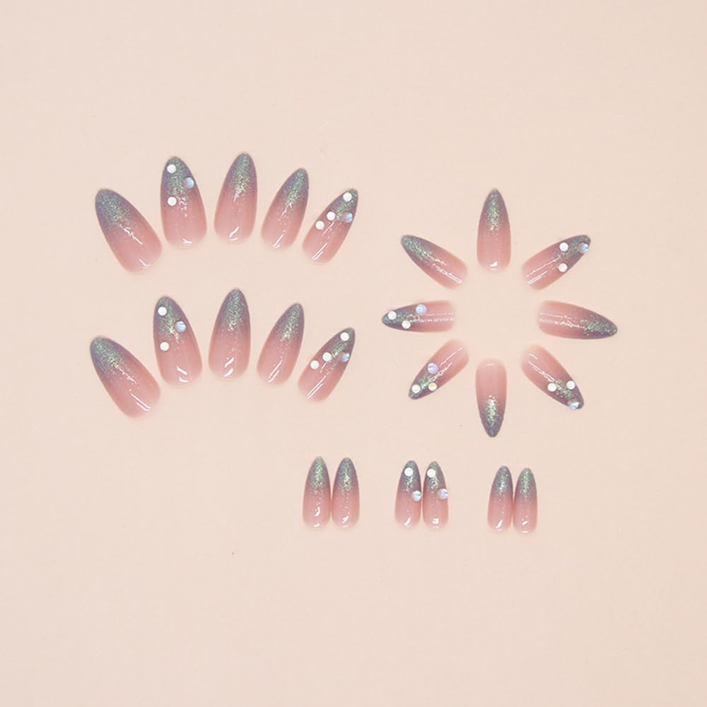 S.A.V.I 24Pcs Nude Long Almond Press On Nails for Women & Girls | Glossy Glitter Artificial Nails with 3D Droplets | Reusable Nail Tips for Party, Wedding & Daily | DIY Nail Art Set