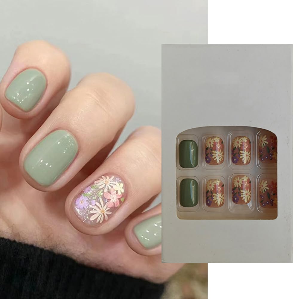 S.A.V.I 24 Pcs Short Natural Nude Green Floral Press On Nails | Reusable DIY Fake Nails for Women Girls | Long-Lasting False Nails with Adhesive Tabs Glue | Easy to Apply Artificial Nails Set