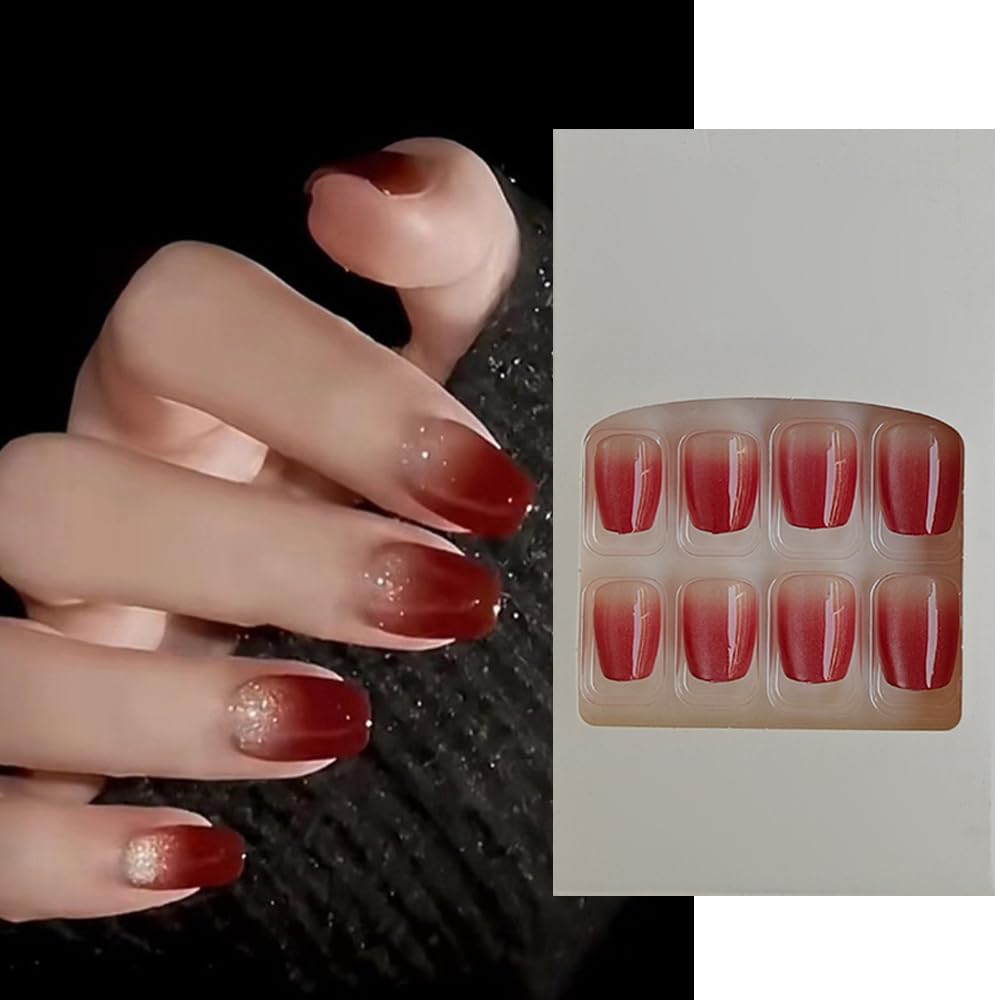 S.A.V.I 24 PCS Short Square Coffin Shape Gradient Nude Wine Red Fake Nails | Durable DIY Press-On False Nail Set for Women Girls | Natural, Comfortable Reusable